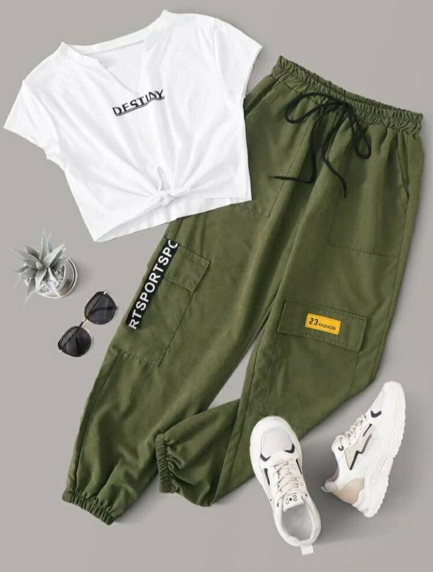 Moda Calça e cropped shein branco e verde