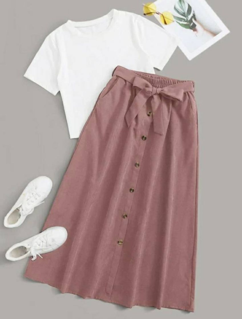 Moda Conjunto de saia e blusa rosa e branco