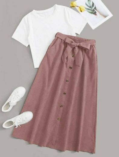 Conjunto de saia e blusa rosa e branco
