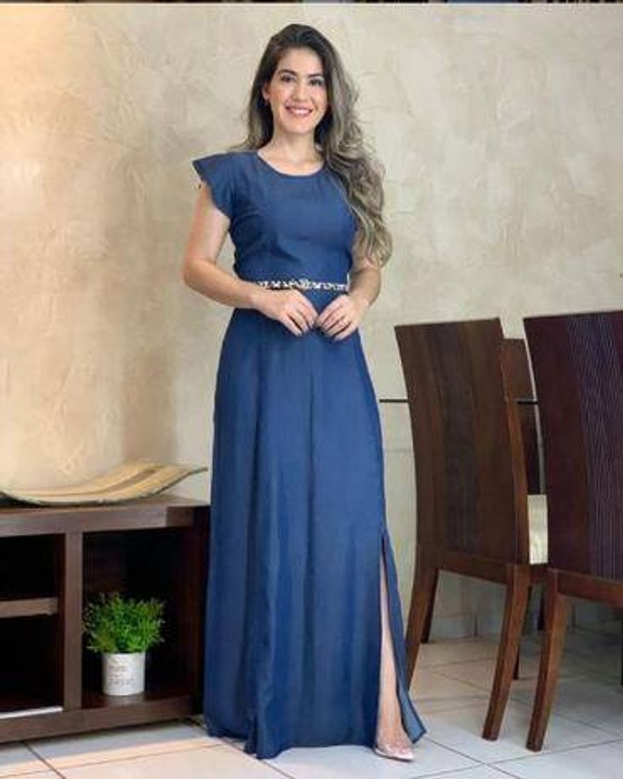 Moda Vestido longo Jeans Feminino Moda Evangélica Azul Escuro