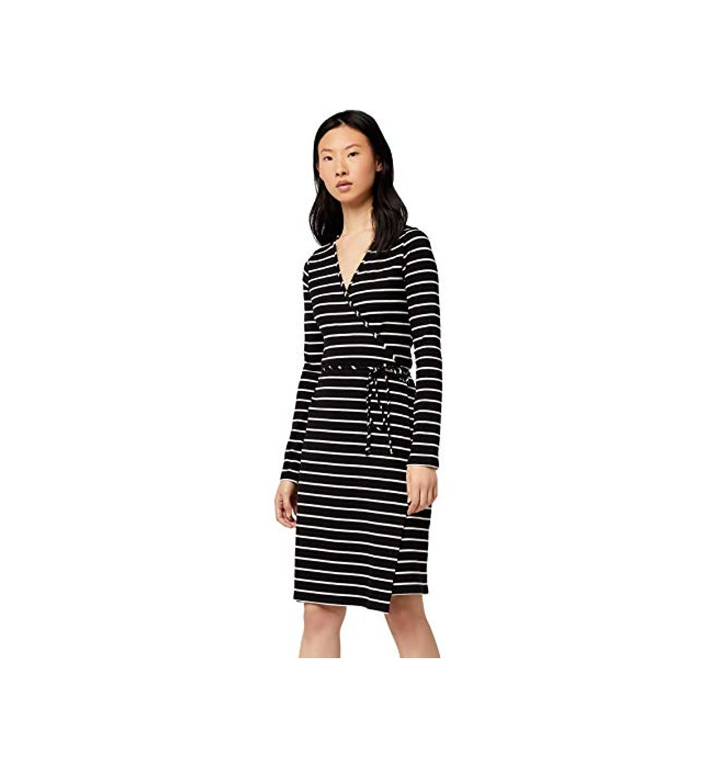 Social Marca Amazon - find. Stripe Rib Wrap Ls - vestido Mujer, Negro