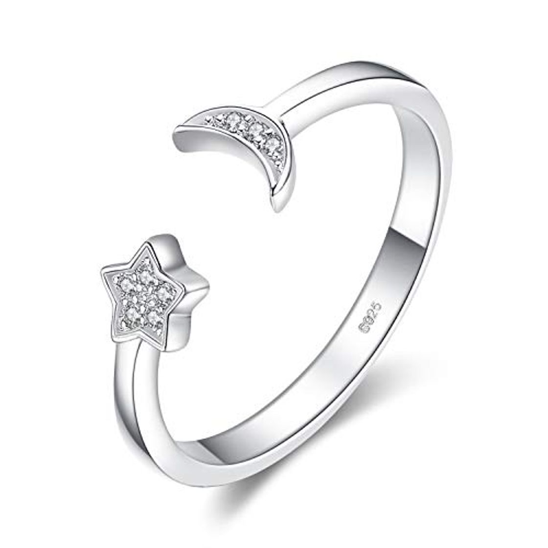 Social JewelryPalace Luna Estrella CZ Pave Zirconia cúbica Anillo abierto ajustable Plata de