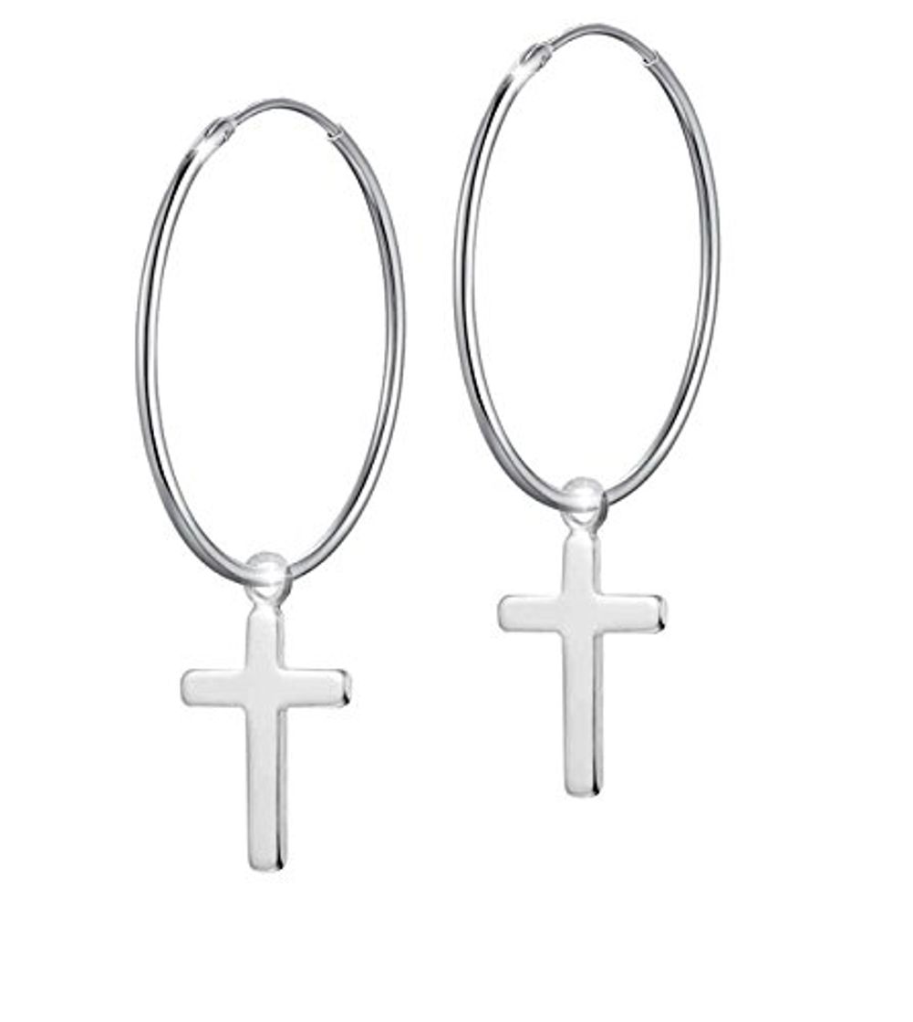 Moda PAPOLY® Pendientes de ARO con detalle de CRUZ 18,25,30,35,40,45,50mm PLATA DE LEY