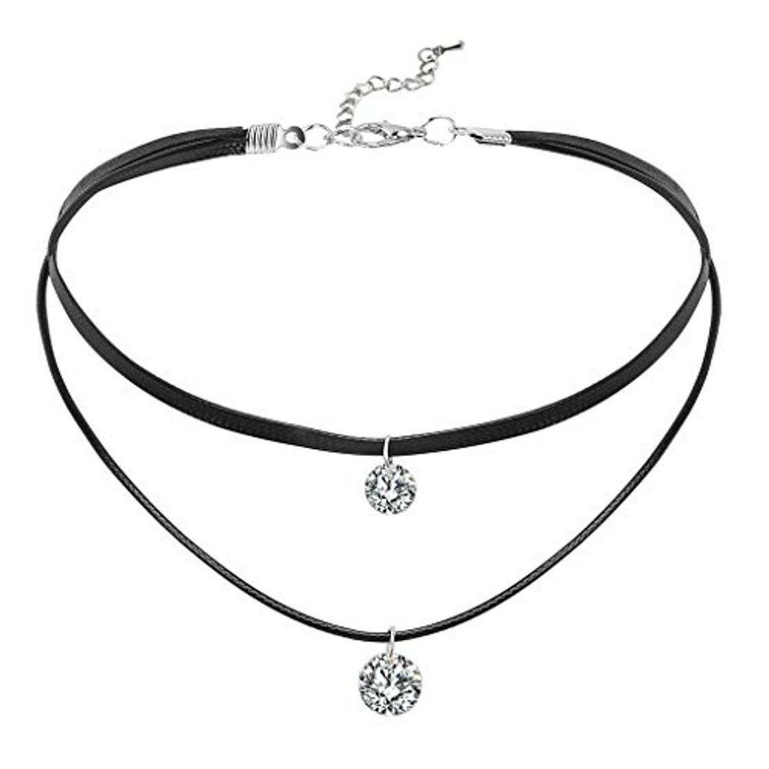 Moda Daesar Mujer Choker Necklace Cuerda Cuero 2 Redondo Zirocnia Colgante Collar Negro