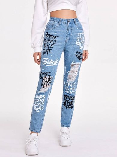 High-Waisted Letter Graphic Ripped Jeans