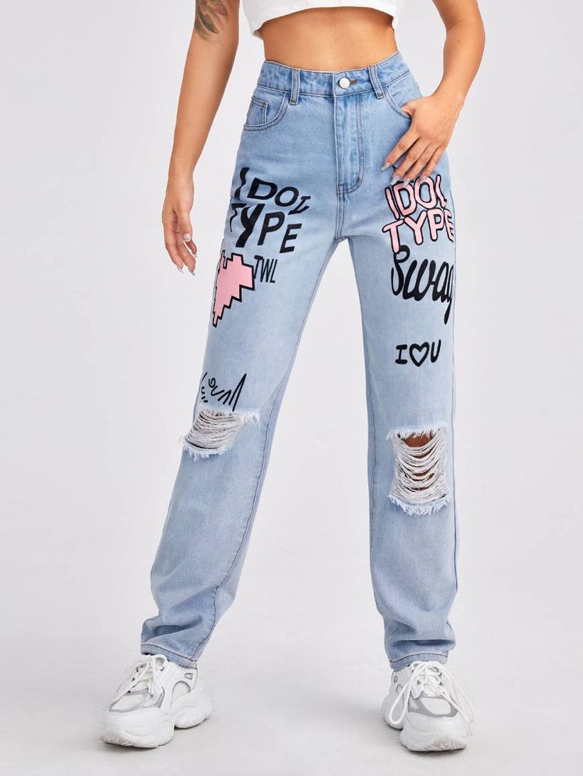 Fashion High Waist Letter Graphic Slant Pocket Ripped Jeans