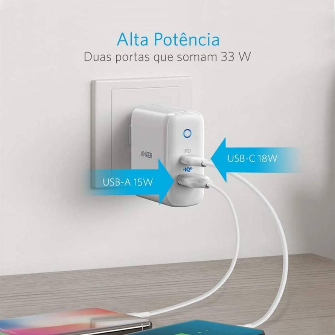 Moda Carregador de Tomada 1 USB-C PD + 1 USB, Anker PowerPort