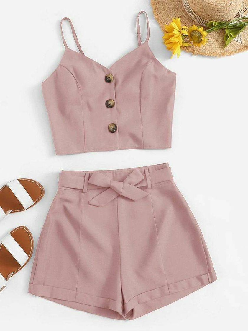 Moda Button Front Cami Top With Belted Shorts