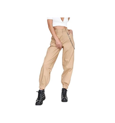 YACUN Mujer Casual Pantalones Cargo Pantalon Hip Hop Jogger con Cadena Danza Streetwear Boyfriend Harem Khaki S