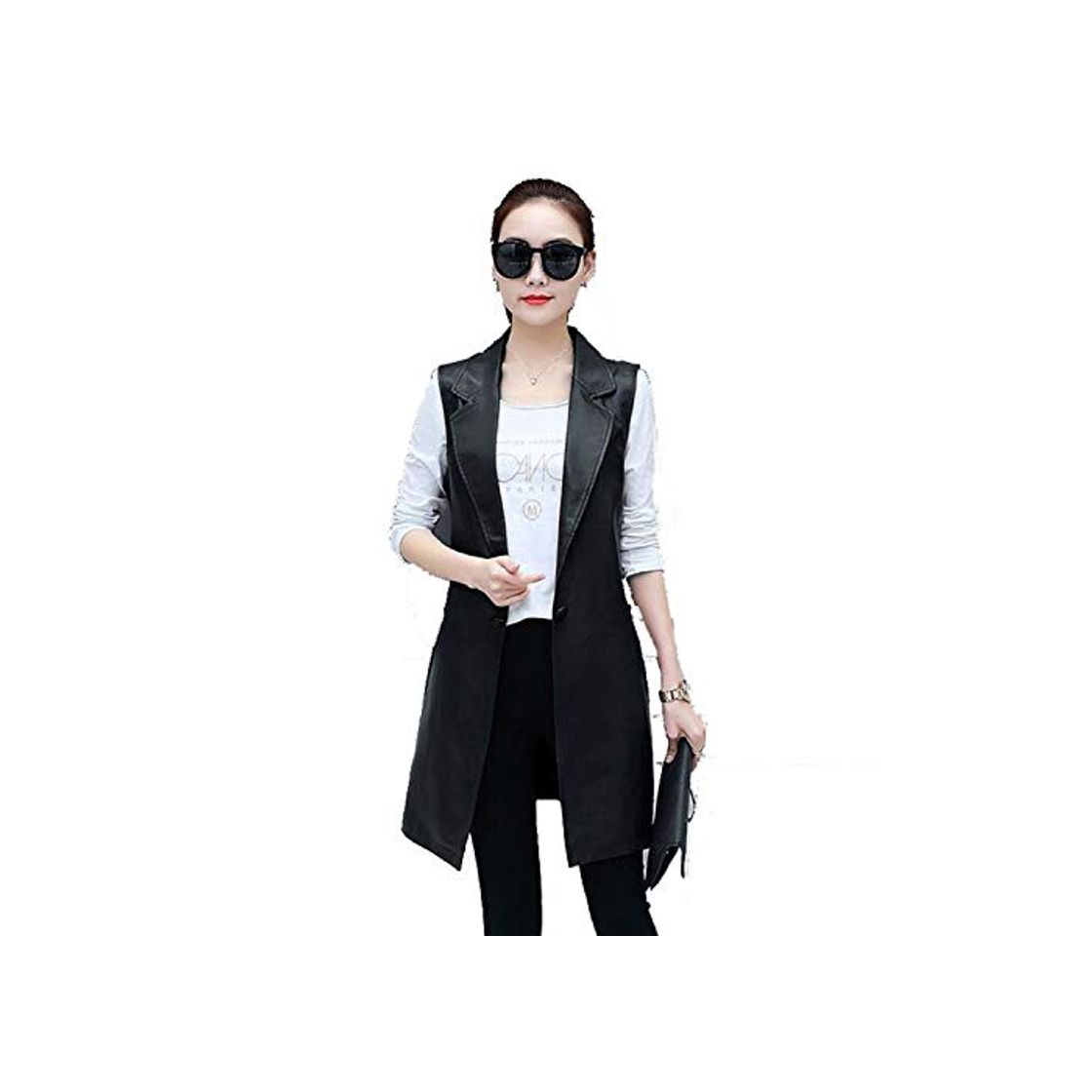 Moda Spring Faux Leather Blazer Vest Womens Long Slim Fit Waistcoat PU Sleeveless Jacket Suit Vest Woman Black S