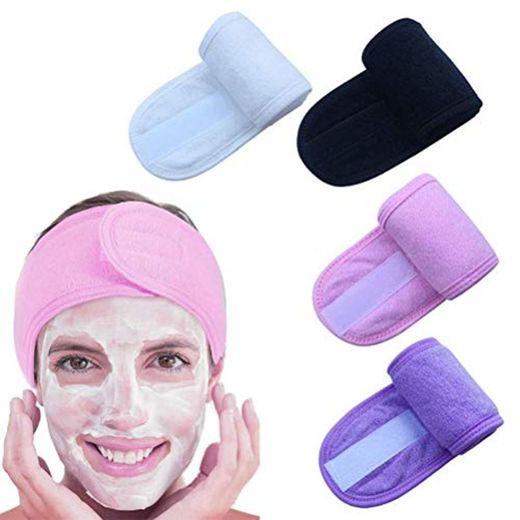 Iwinna 4 Pieces Hair Band Makeup Head Wrap Stretch Towel with Magic Tape Adjustable Towel for Shower Facial Cover Bath Face Cleaning Beauty Skincare
