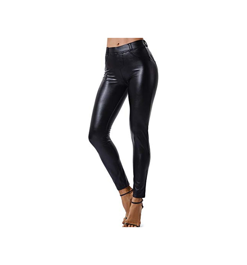 Fashion FITTOO Mujeres PU Leggins Cuero Brillante Pantalón Elásticos Pantalones para Mujer Negro L