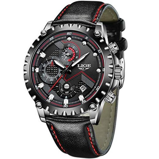 LIGE Relojes Hombres Cronógrafo Impermeable Militar Deportivo Analógico Cuarzo Relojes Hombre Moda Negro Cuero Calendario Relojes de Pulsera