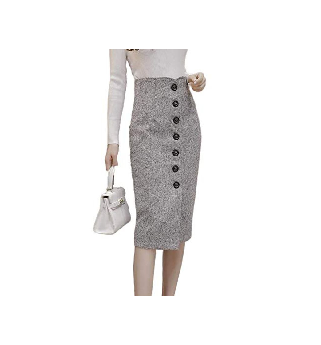 Fashion Skirts Cintura alta de lana botón lápiz midi oficina señoras oficina elegante gris 2020 invierno lana abrigo faldas s1738