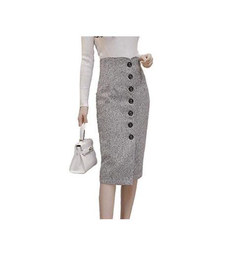 Skirts Cintura alta de lana botón lápiz midi oficina señoras oficina elegante gris 2020 invierno lana abrigo faldas s1738