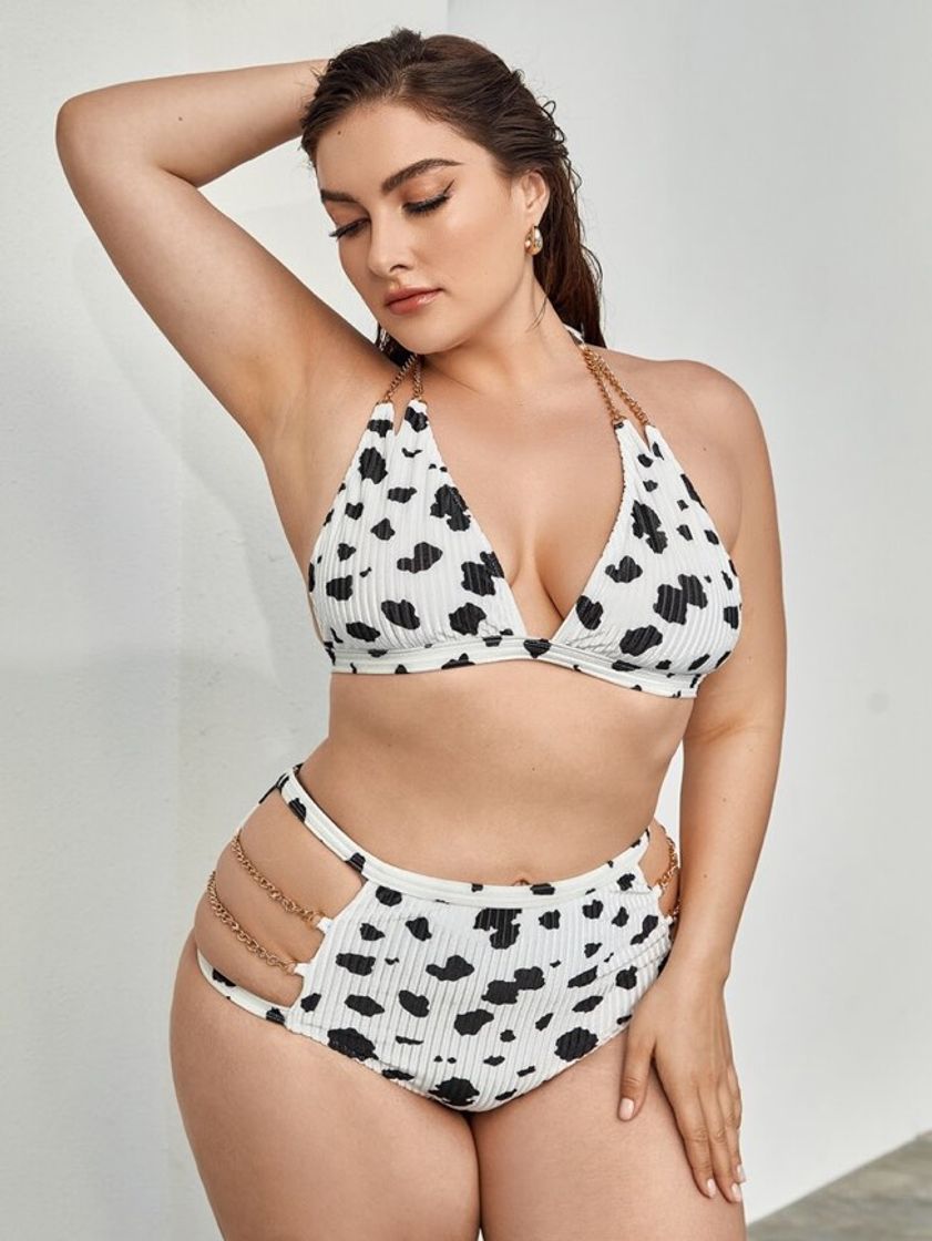 Fashion Plus Cow Print Chain Linked Halter Bikini Swimsuit