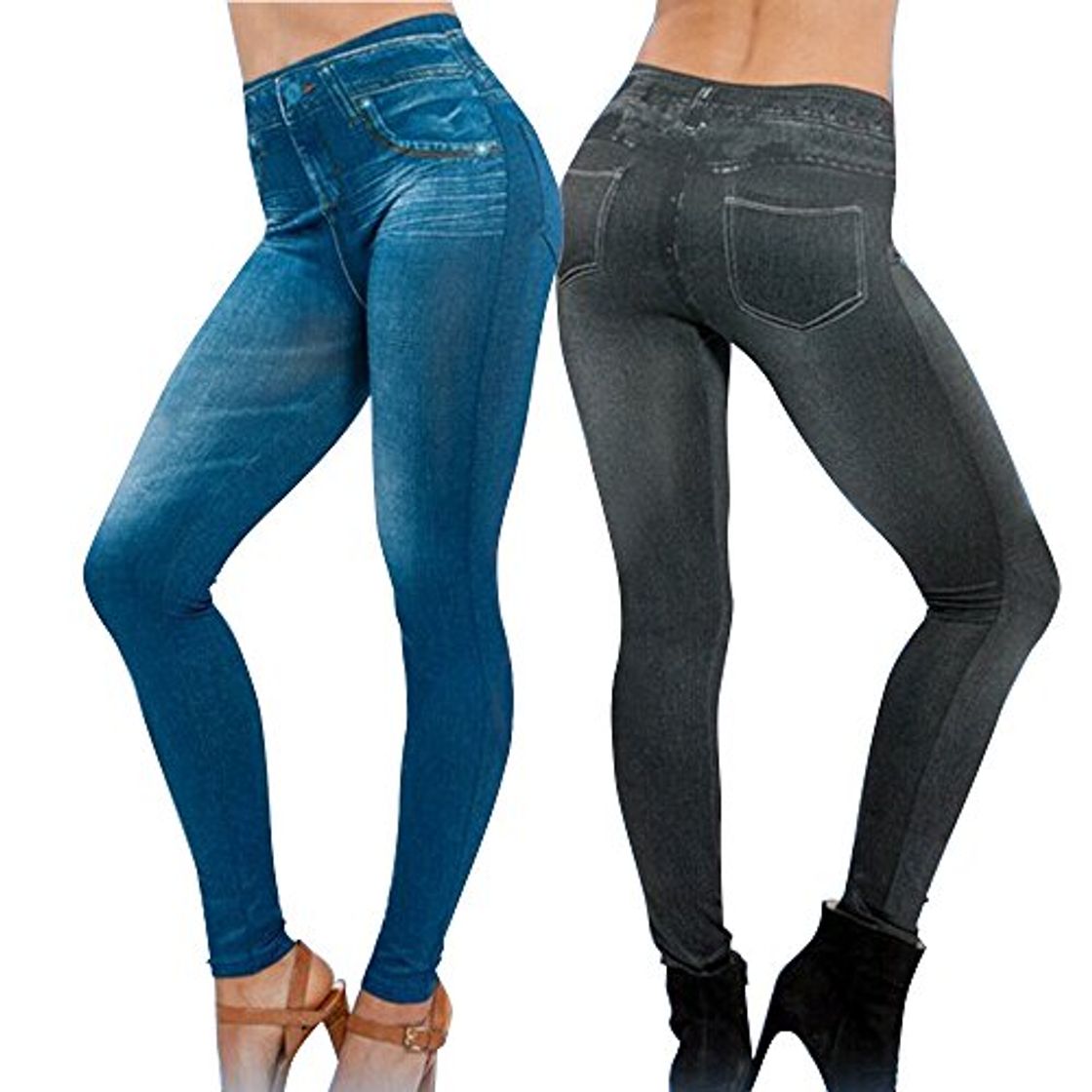 Fashion 2Pcs Leggings Leggins Jeggings Vaqueros Pantalones Elásticos para Mujer Azul y Negro