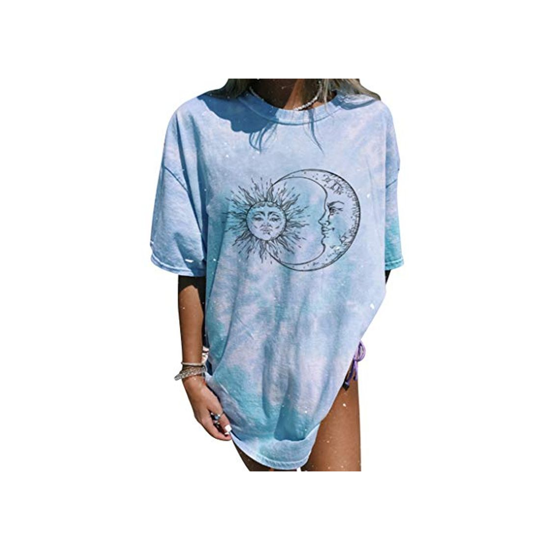 Moda Camisetas Manga Corta Mujer Verano Vintage Oversize Sol y Luna T-Shirt 3D