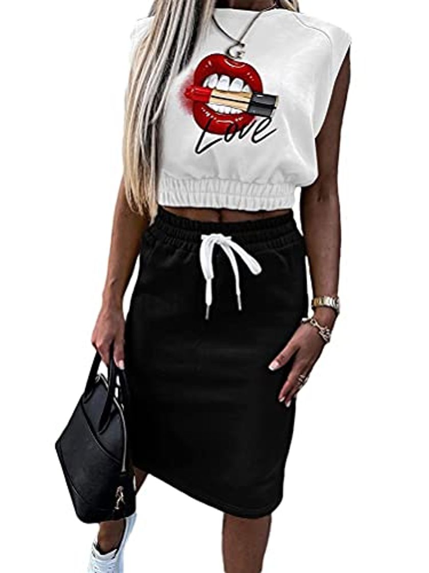 Social Onsoyours Dos Piezas Mujer Conjunto de Top y Falda Sin Mangas Bodycon Trajes Moda Vestido Tracksuit C Blanco XS