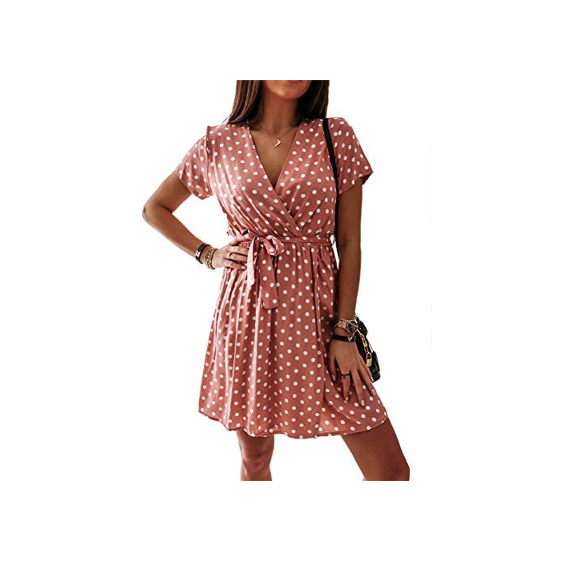 Fashion Elegante Vestido de Verano para Mujer Informal de Lunares con Manga Corta