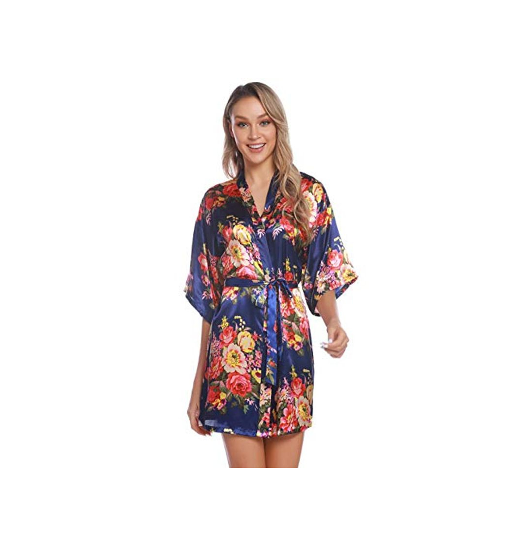 Fashion Aiboria Bata Kimono Mujer satén Floral Albornoces de Manga Corta para Dama de Novia