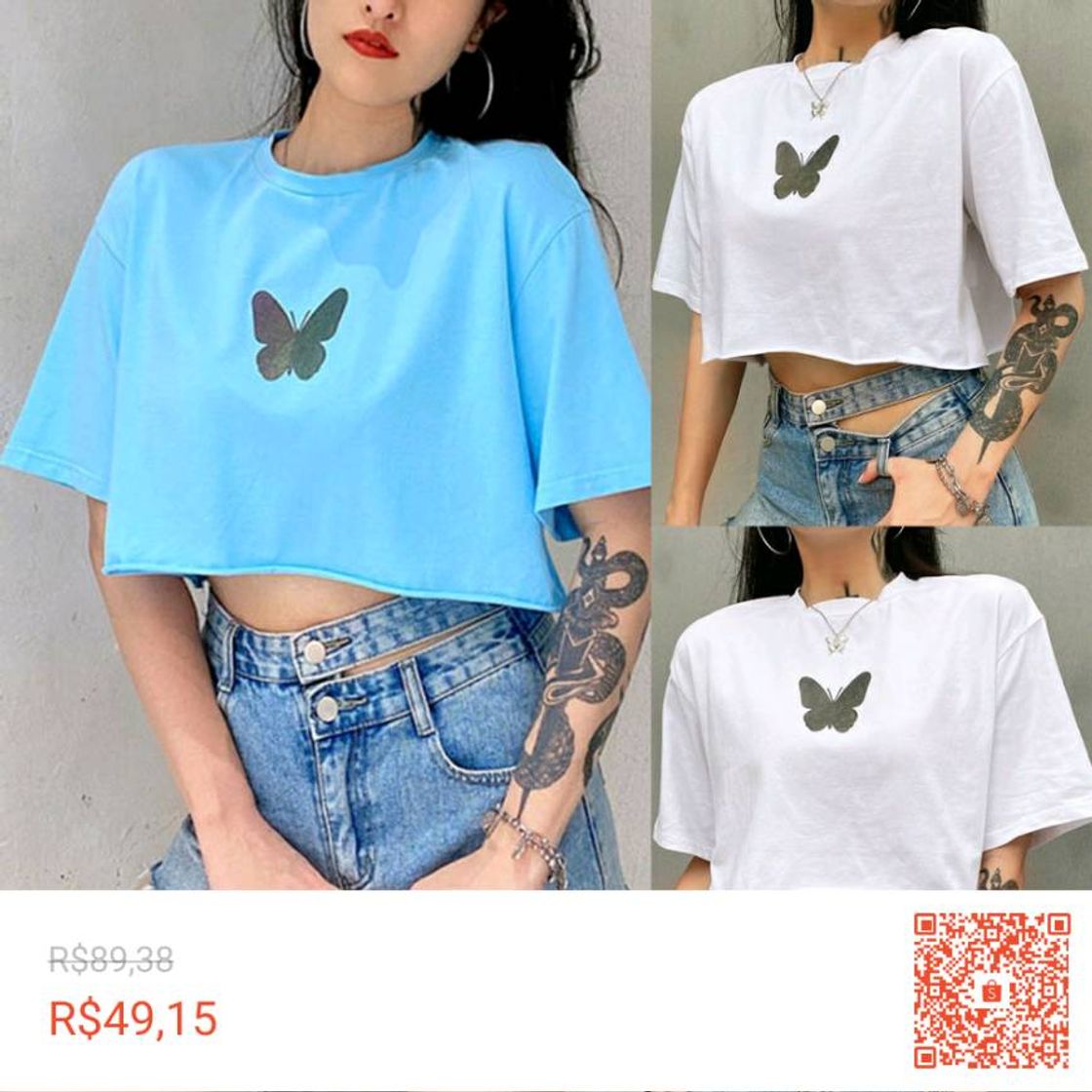 Moda Camisa manga curta com estampa de borboleta