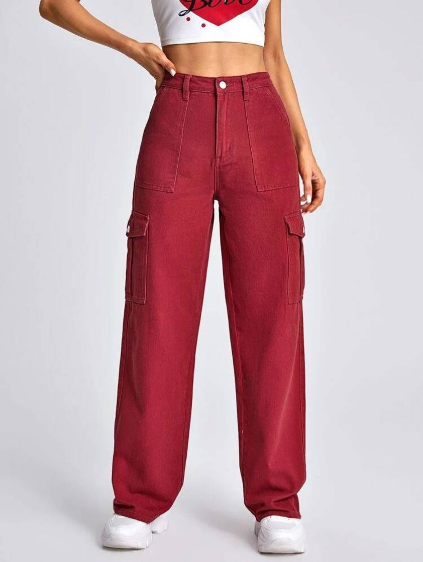 Vaqueros de pierna ancha con bolsillo con solapa de cintura alta ...
