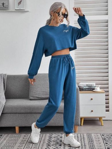 Drop Shoulder Letter Embroidered Pullover & Knot Waist Joggers Set