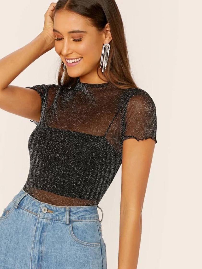 Fashion Glitter Sheer Mesh Lettuce-Edge Top | SHEIN EUR