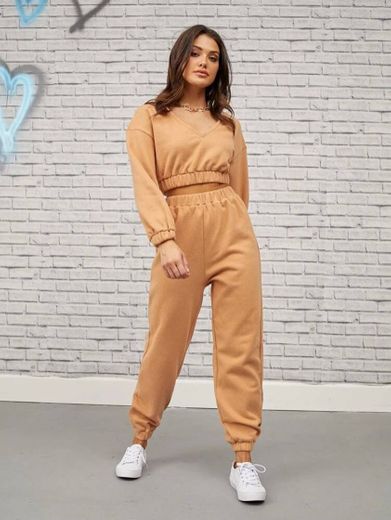 V-neck Drop Shoulder Solid Pullover & Joggers Set | SHEIN EUR