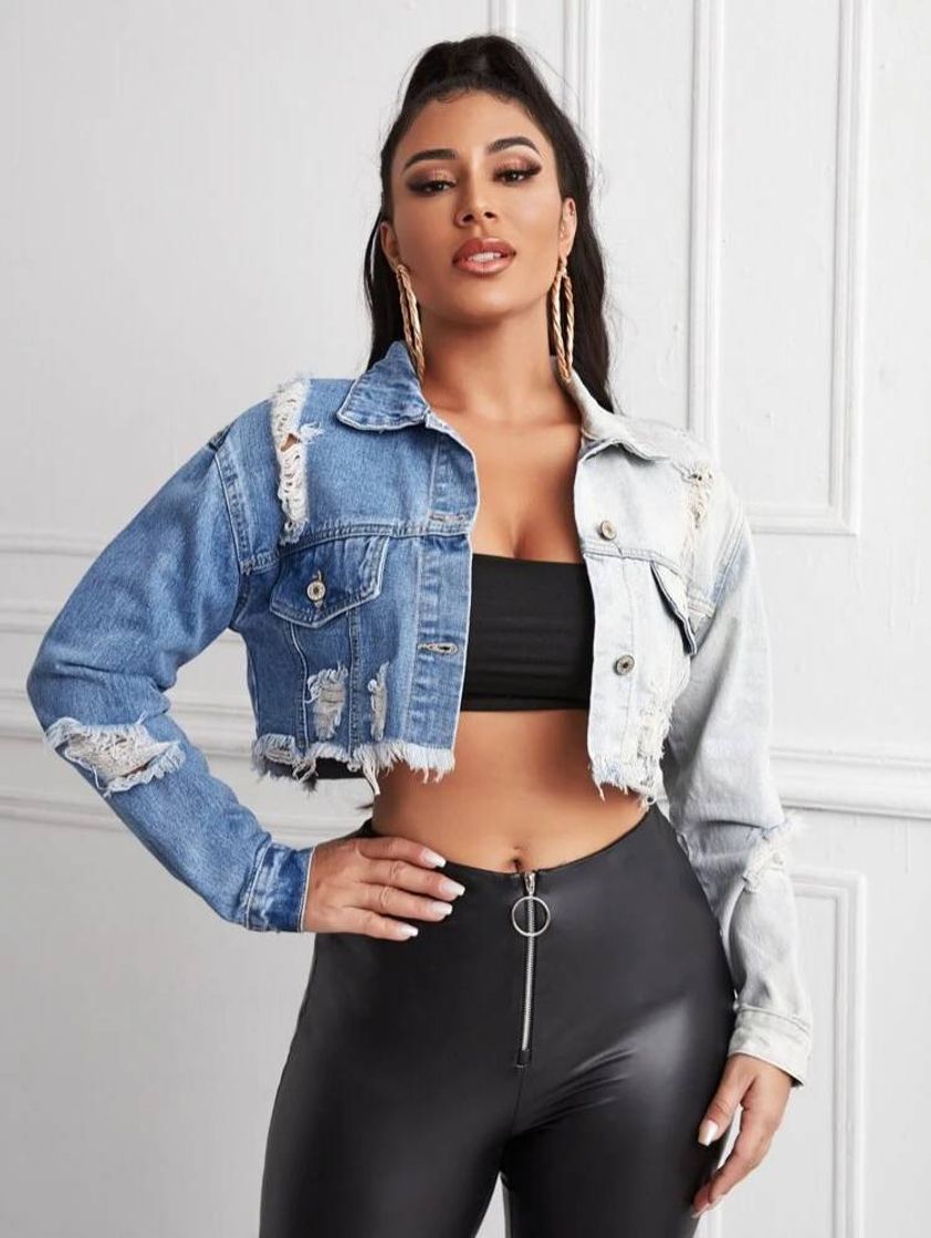 Moda Ripped Detail Distressed Hem Spliced Crop Denim Jacket | SHEIN ...