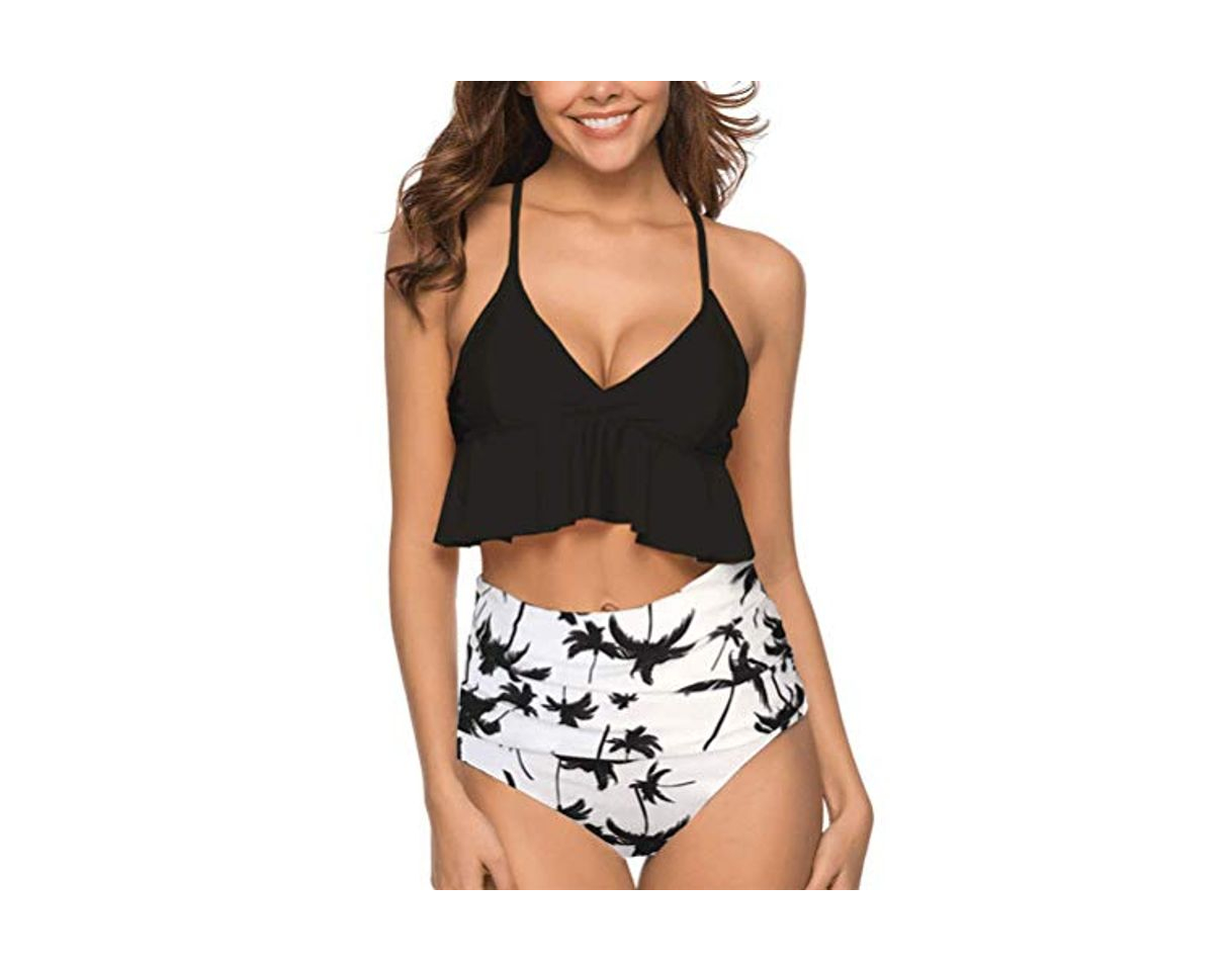 DURINM Conjunto de Bikini Sexy Mujer de Cintura Alta Traje de Baño de Dos Piezas Volantes Correas de Espagueti Bañador Plisado Estampado Rayas Ropa de Playa