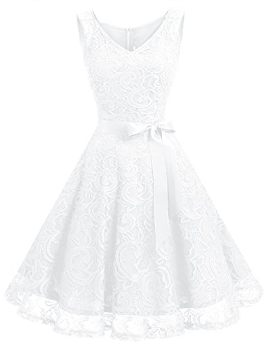 Moda Dressystar Vestido Corto Elegante Mujer De Encaje Sin Mangas con Lazo para Madrina Fietsa Blanco M