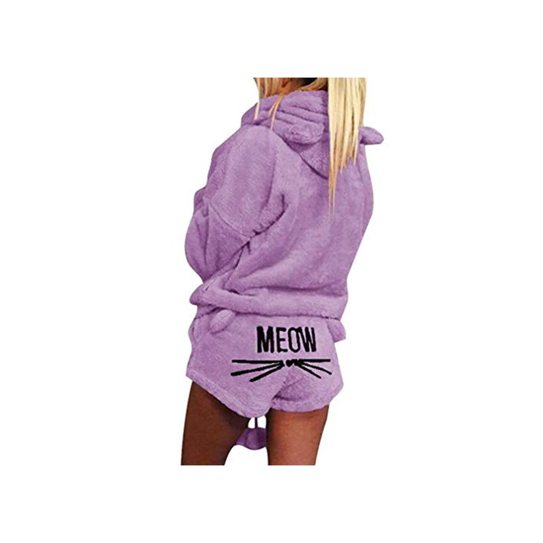 Minetom Mujer Otoño Invierno Pijama de Dos Piezas Conjunto Suave Cálida Lana de Coral Traje de Terciopelo Lindo Gato Kitty Pantalones Cortos y Sudaderas con Capucha Morado ES 44