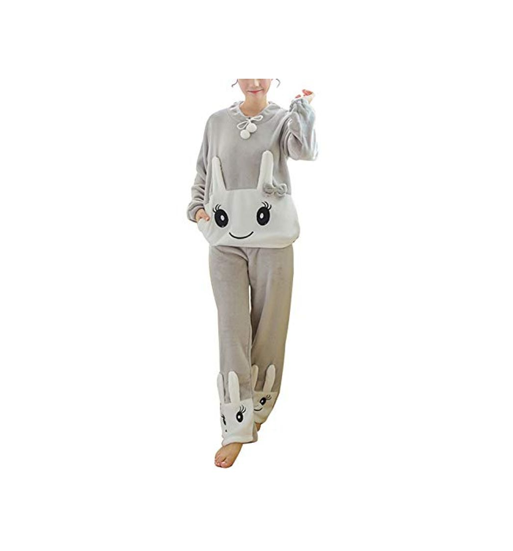 Fashion ORANDESIGNE Mujer Otoño Invierno Pijama de Dos Piezas Pijamas de Franela Suave Cálida Ropa de Dormir Pijamas de Manga Larga Gris Conejo ES 40