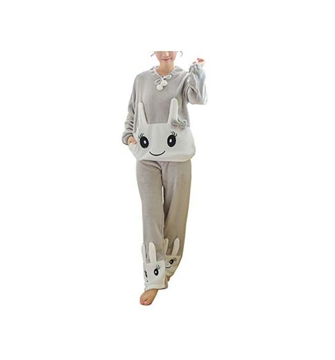 ORANDESIGNE Mujer Otoño Invierno Pijama de Dos Piezas Pijamas de Franela Suave Cálida Ropa de Dormir Pijamas de Manga Larga Gris Conejo ES 40