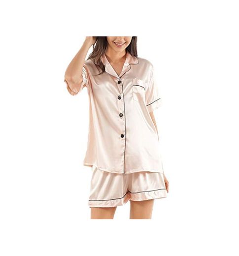 GAESHOW Conjunto de pijama de seda de satén para mujer de manga