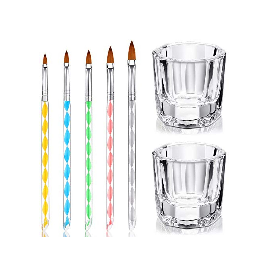 Producto 7 Herramientas de Cuidado Manicura incluye 2 Platos Vasos de Cristal de Arte de Uñas y 5 Pinceles de Uñas de Acrílico Gel Diseño 3D de Acrílico Líquido Herramienta de Diseños para Navidad y Halloween