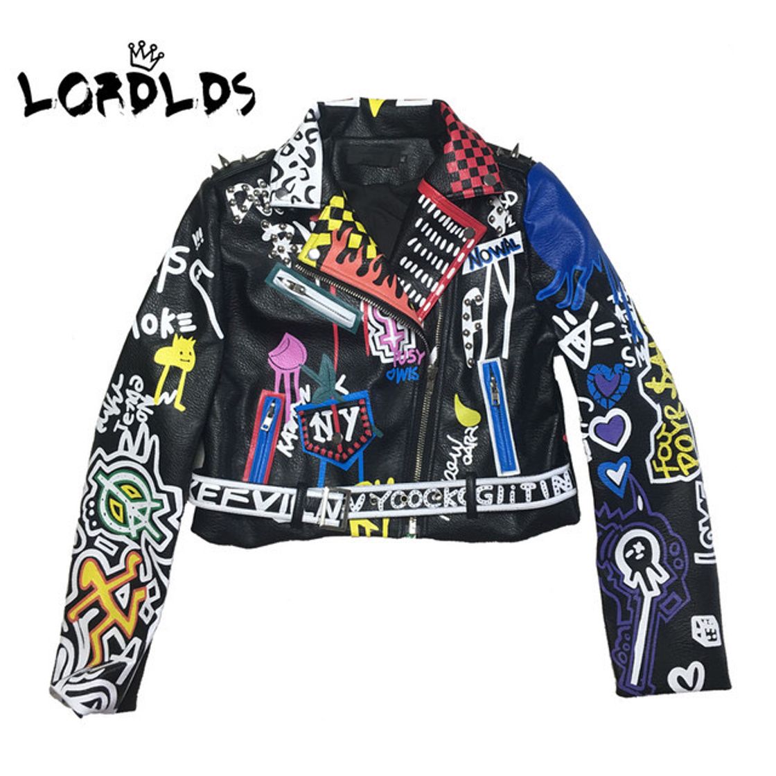 Moda LORDLDS Leather Jacket Women Graffiti Colorful Print Biker