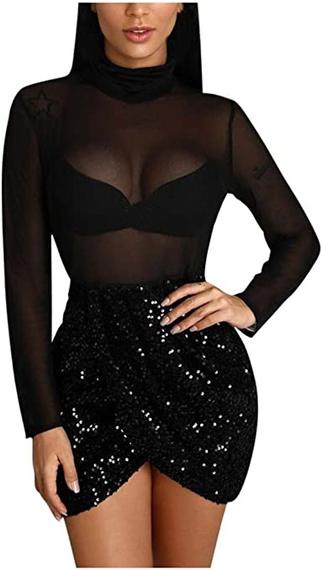 Social riou Mujer Vestido Cuello Redondo Manga Larga Vestido de Trabajo Informal Ajustado con Rayas Transparentes de Malla Bodycon Sexy Mini Vestido para Fiesta