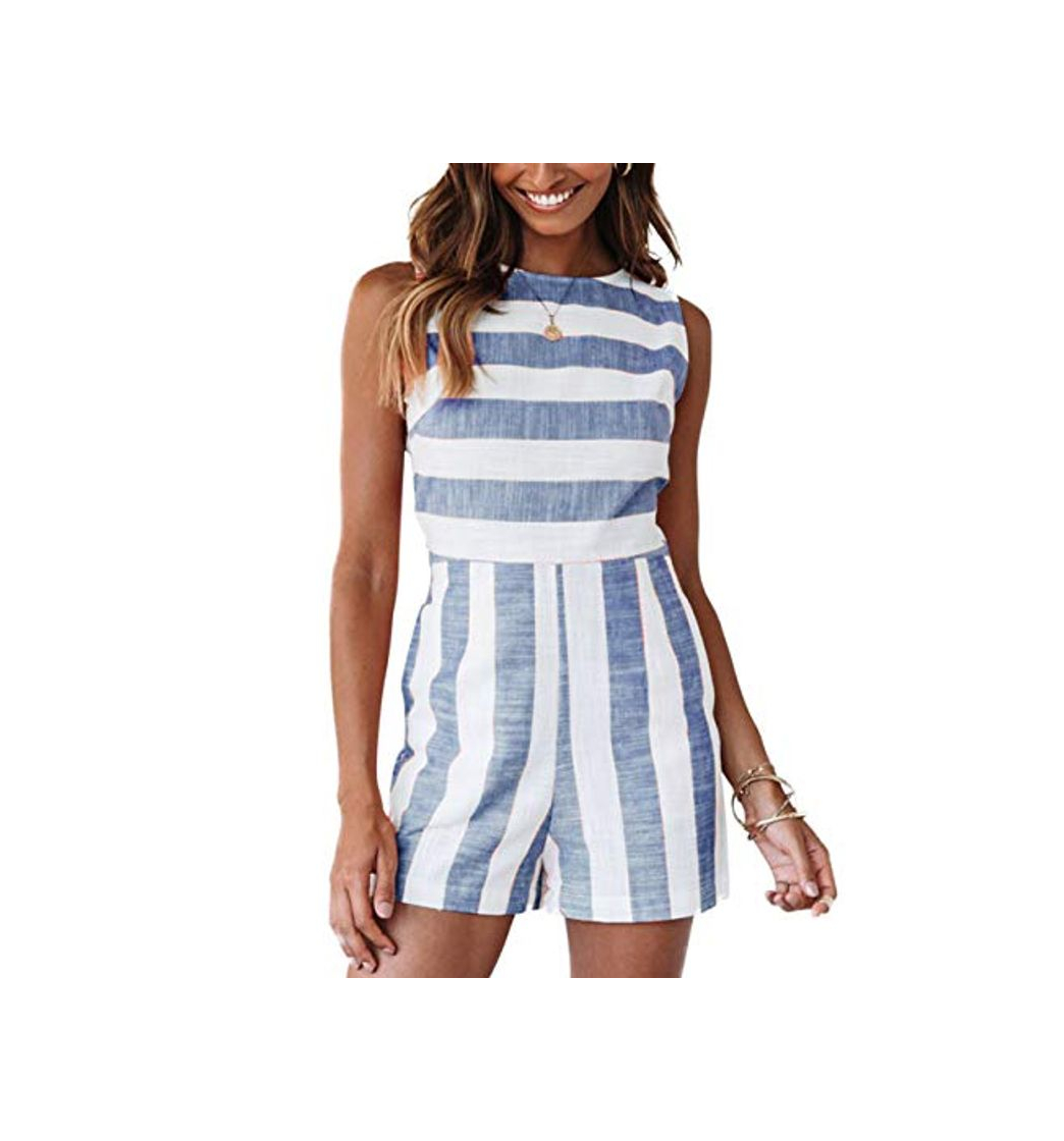 Social FeelinGirl Mono Super Corto para Mujer Verano Jumpsuit Cintura Alta con Bolsillo Cuello Redondo Azul S