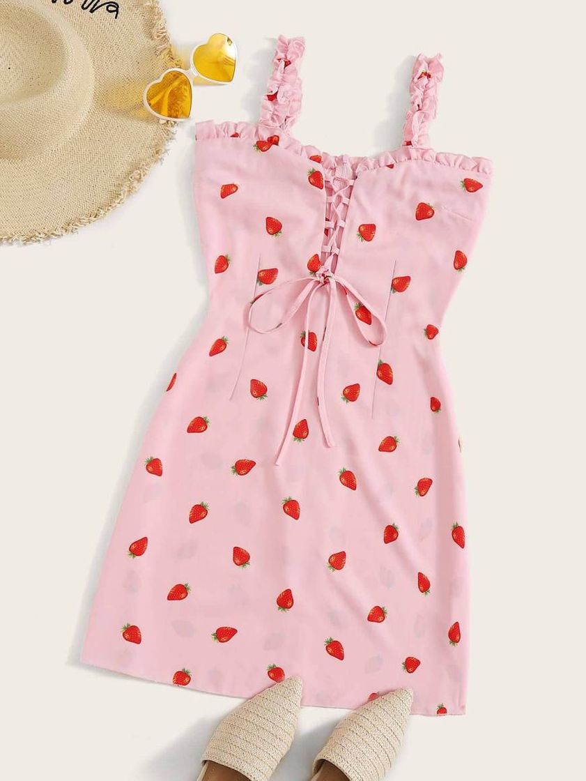 Moda Vestido rosa com zíper e estampa de frutas