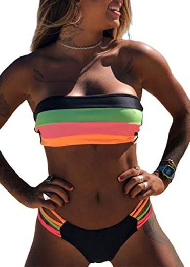 JFan Mujer Conjunto de Bikini Dividido Colorido Rayas Sin Tirantes Cosido Sujetador