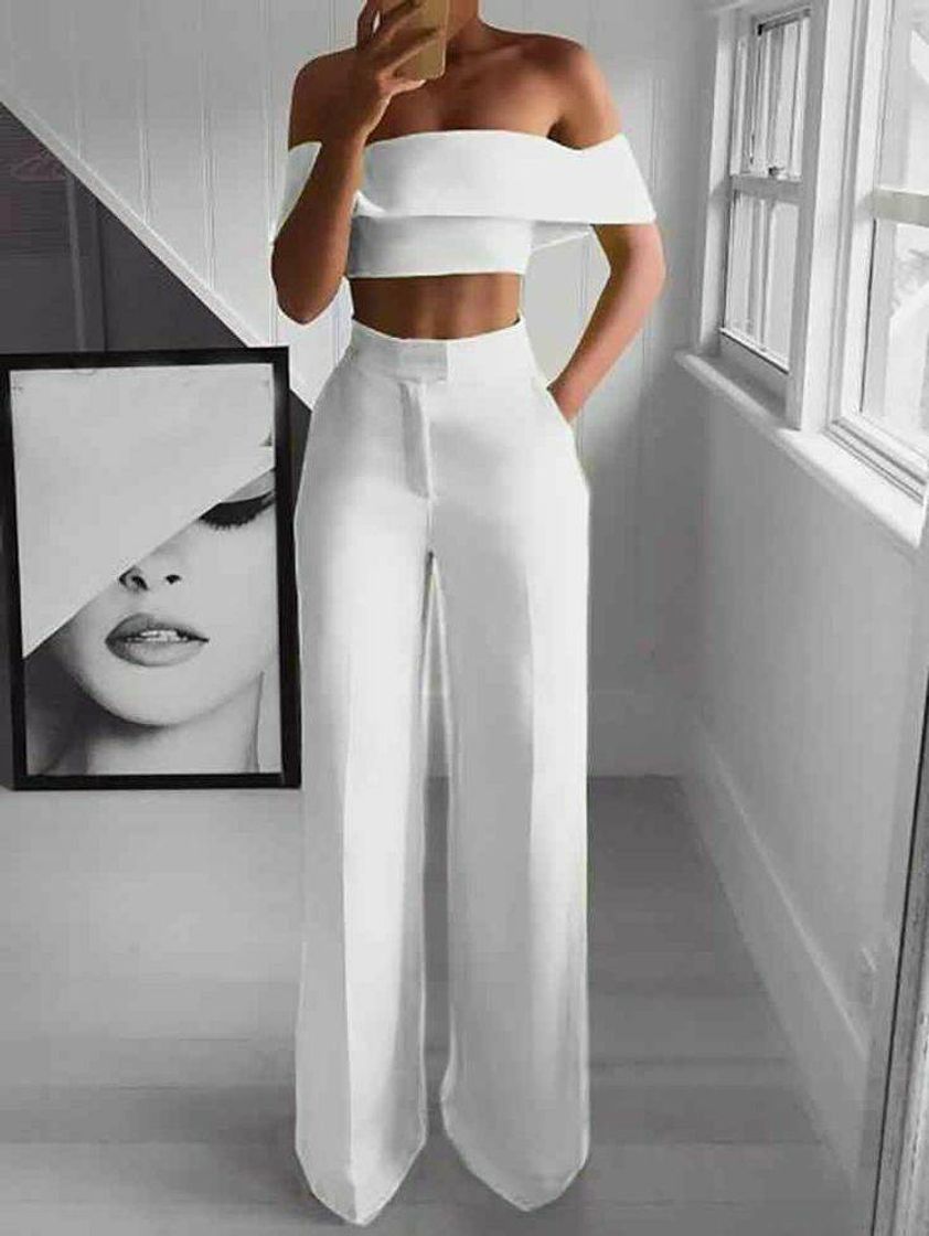 Fashion Conjunto calça e top feminino branco 