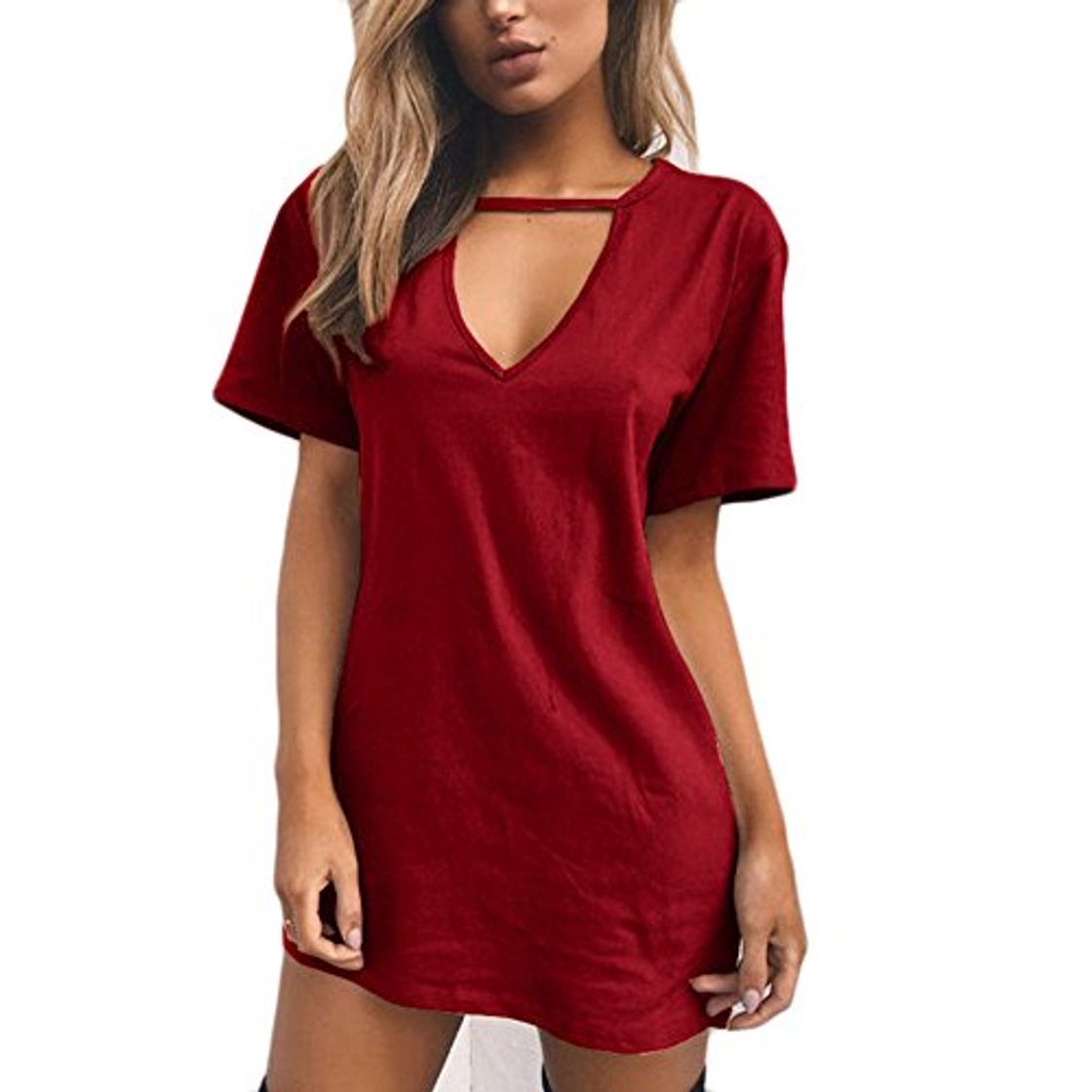 Moda Mujer Vestidos Cortos Fiesta de Verano en el Cuello Camisetas Basicas Cortos Coctel Casual Vestidos de Verano # Vino rojo M