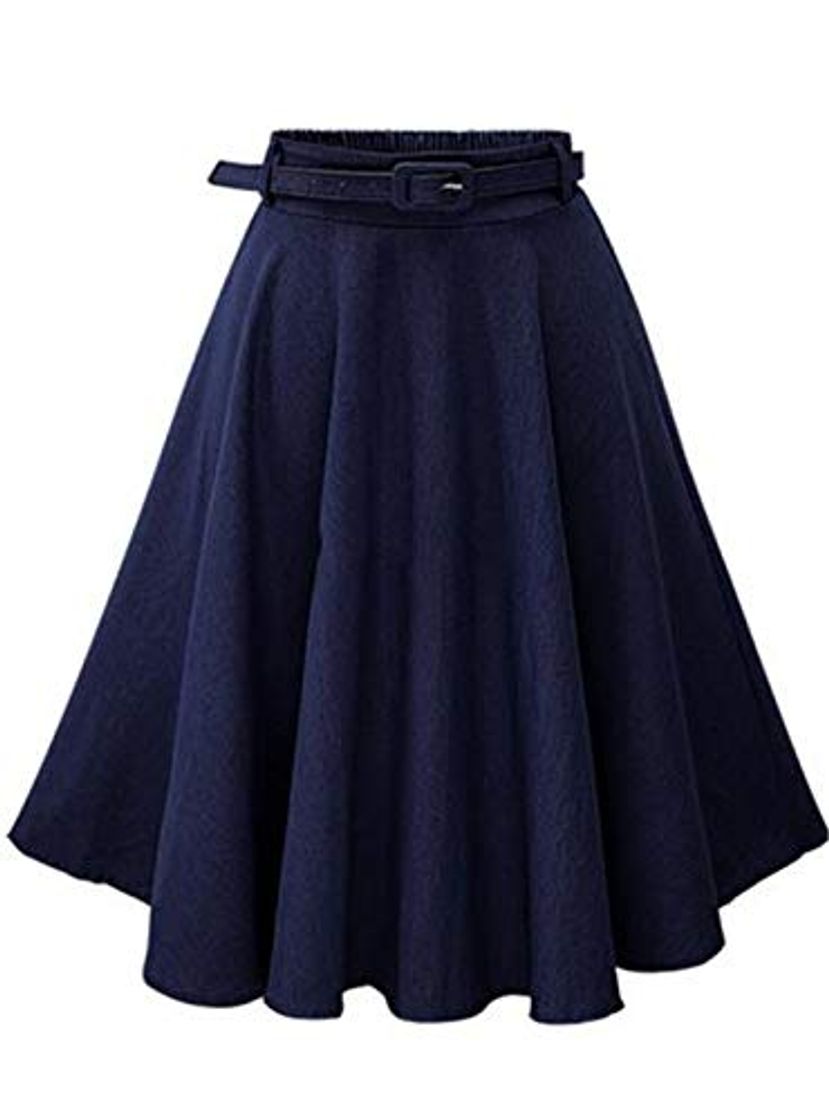 Moda SEHJLHR Nuevo otoño Invierno de Las Mujeres de la Falda de Cintura Alta Retro Plisado Midi Falda Vaquera Falda Acampanada Cinturón Saia Femininas Sk098 Blue One Size