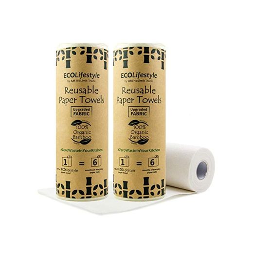 2 rollos de papel de bambú reutilizables – 40 hojas multiusos – Alternativa ecológica a paños de cocina – Rollo lavable y cero Waste