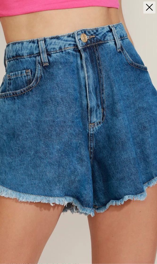 Moda Short Jeans Feminino Godê Cintura Média Barra Desfiada Azul Médio