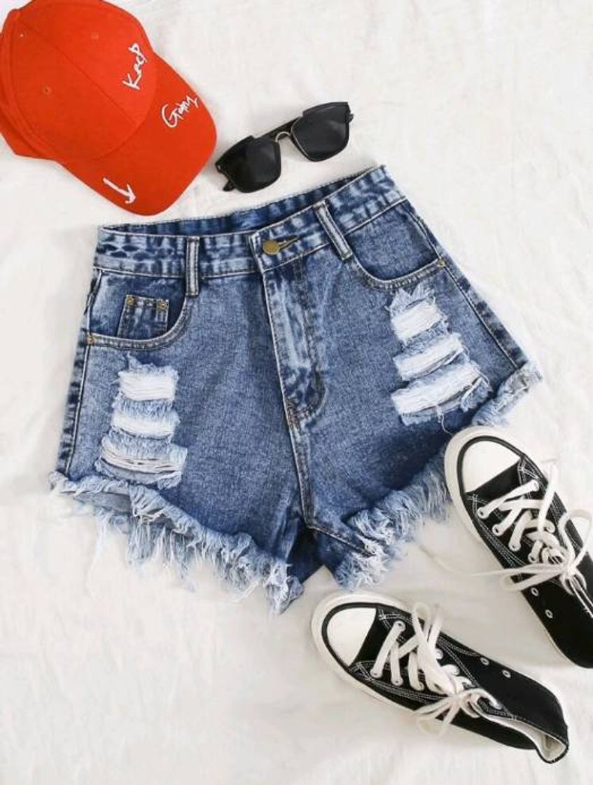 Fashion Marinha Rasgado Simples ocasional Short jeans 