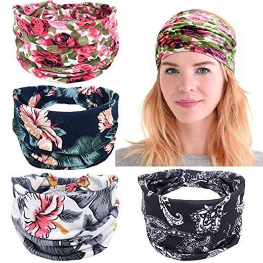 Paquete de 4 diademas Boho Floral Hair Band Turbante elástico Head Wrap Accesorios para el cabello para mujeres Niñas